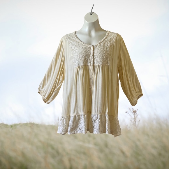 April Cornell Top Women's Flowy Lace Ruffle Tunic Cream Ecru Off White Size XL - Picture 10 of 10
